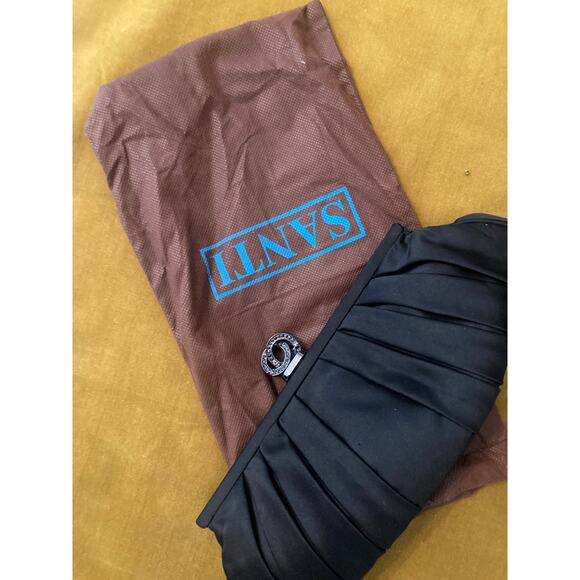 Santi Pleated Perfection Satin Black Evening Bag + Rhinestone Closure + Chain - Picture 8 of 8